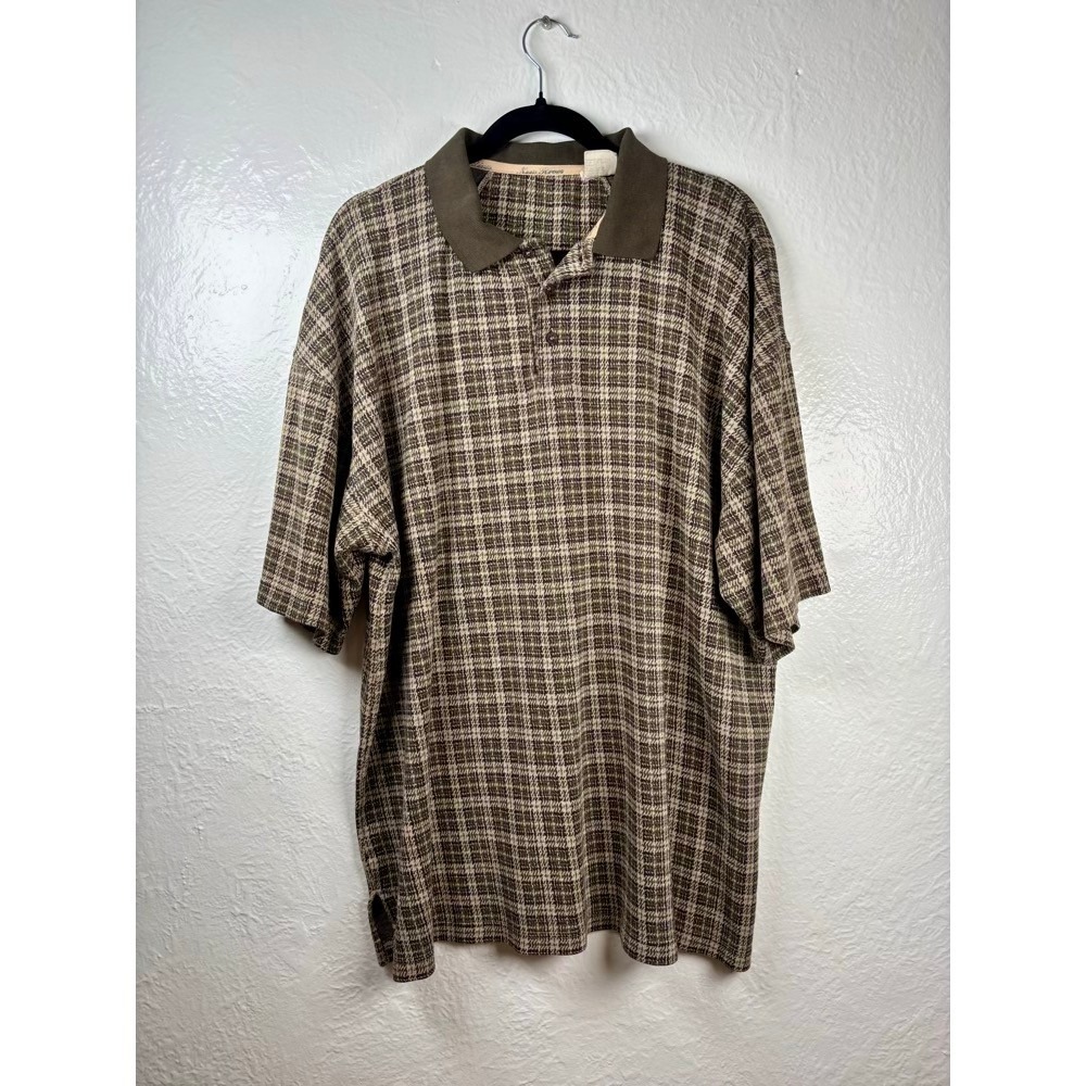 New River Polo Shirt Mens XXL Brown Olive Green Plaid Knit Golf Country Club